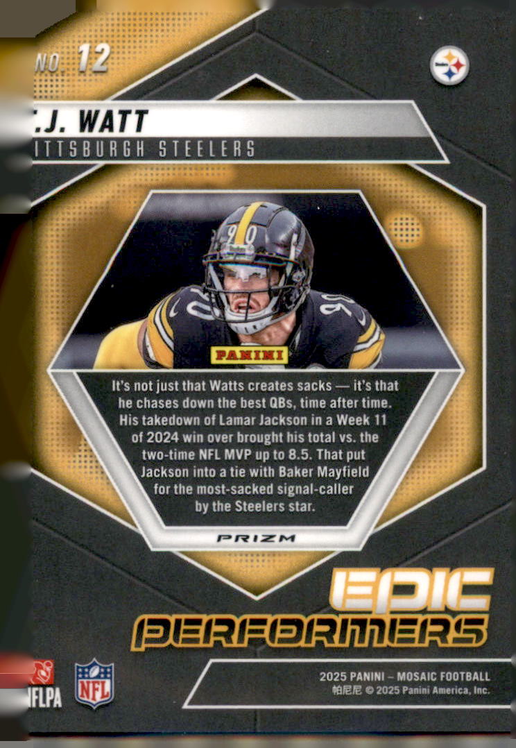 2025 Panini Mosaic #12 T.J. Watt Epic Performers Mosaic Orange Fluorescent