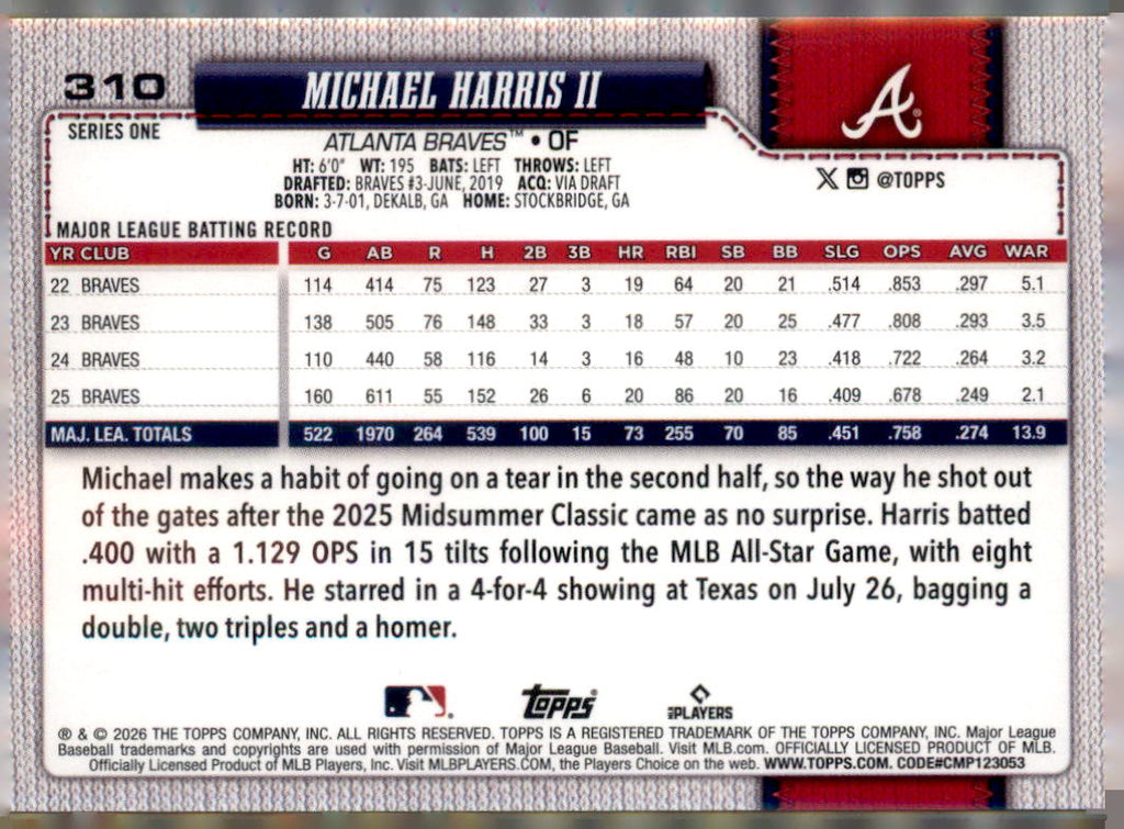 2026 Topps #310 Michael Harris II Rainbow Foil