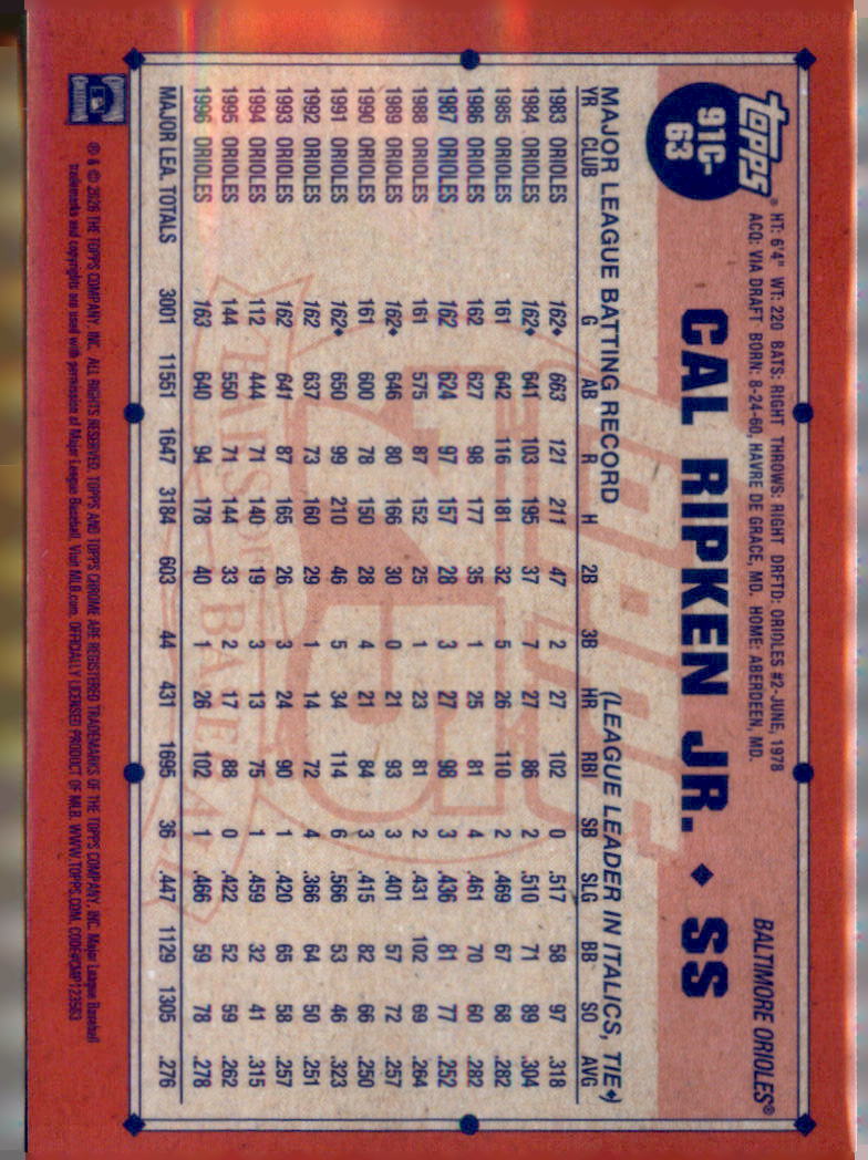 2026 Topps #91C-63 Cal Ripken Jr. 1991 Topps Baseball 35th Anniversary Chrome