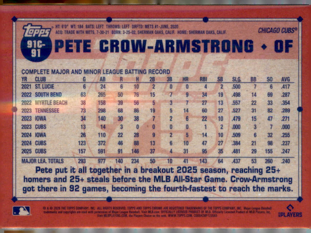 2026 Topps Pete Crow-Armstrong 1991 Topps Baseball 35th Anniversary Chrome