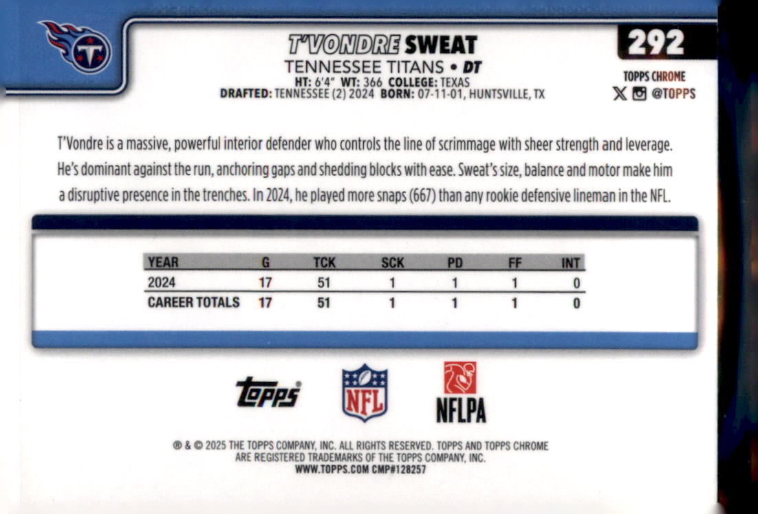 2025 Topps Chrome #292 T'Vondre Sweat Red White and Blue Refractor