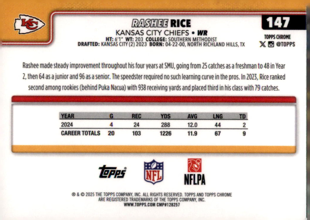 2025 Topps Chrome #147 Rashee Rice Ray Wave Refractor