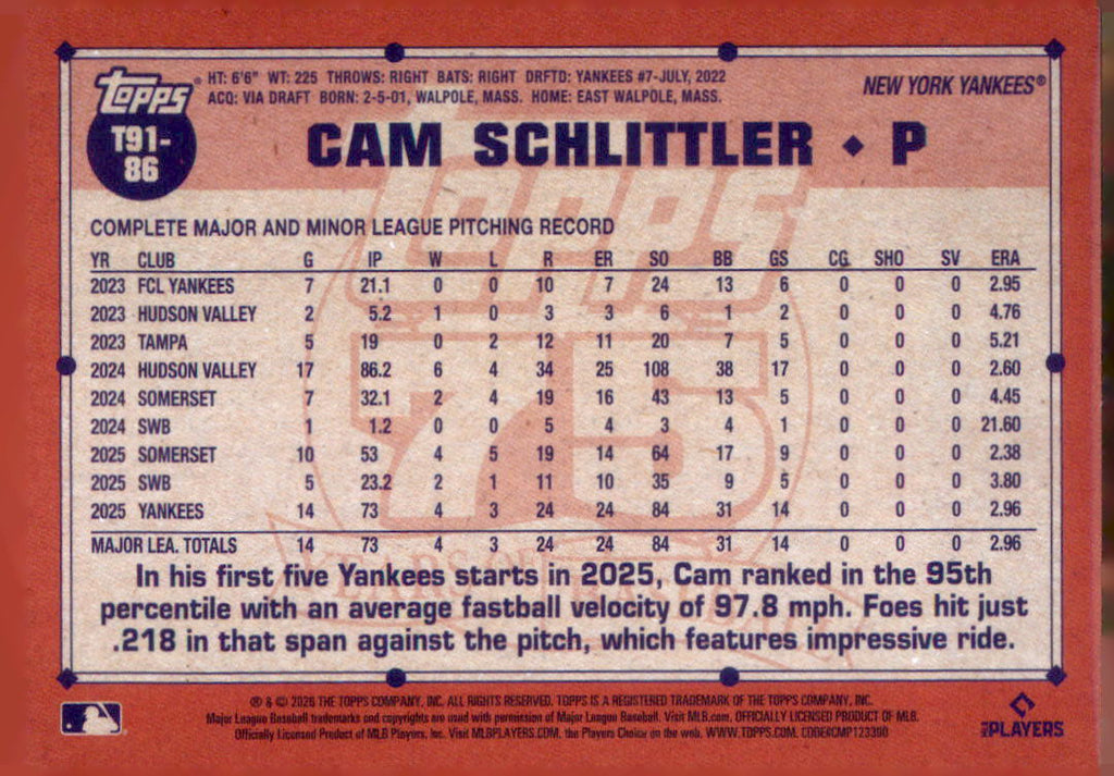 2026 Topps Cam Schlittler 1991 Topps Baseball 35th Anniversary (Series One)