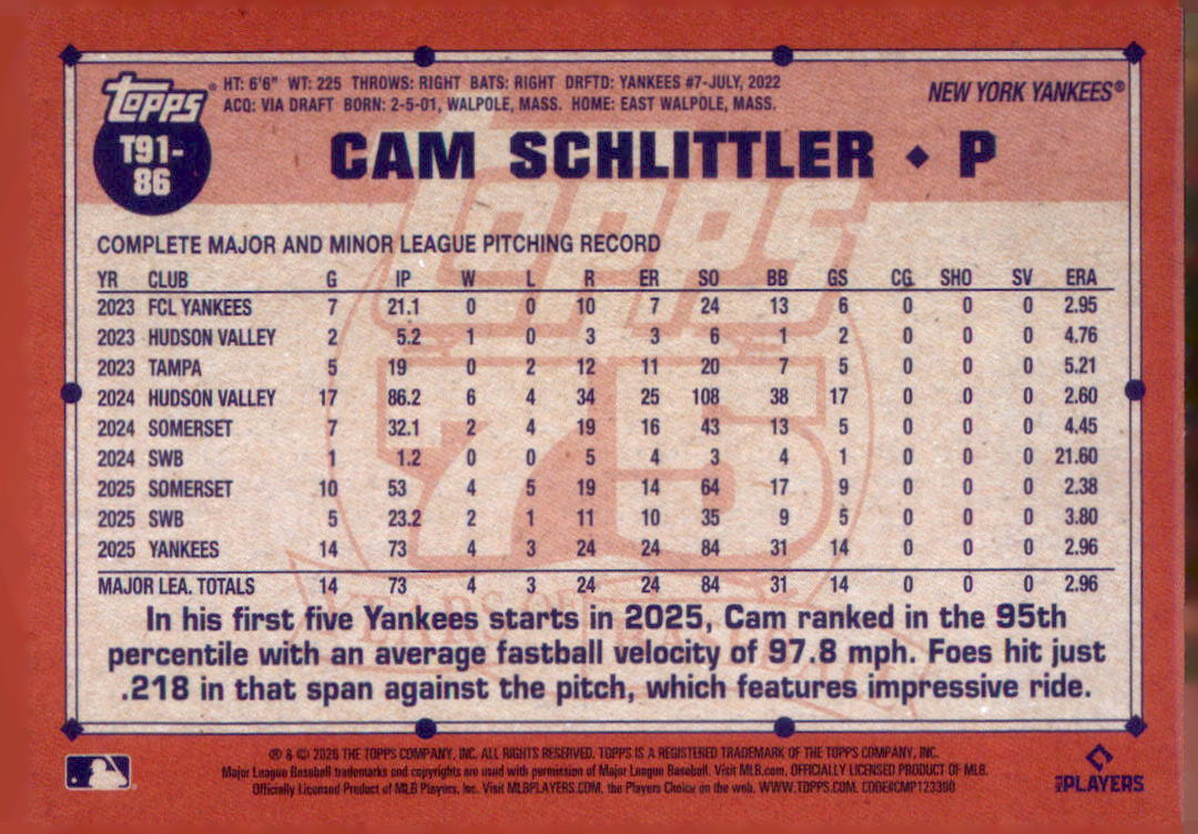 2026 Topps Cam Schlittler 1991 Topps Baseball 35th Anniversary (Series One)