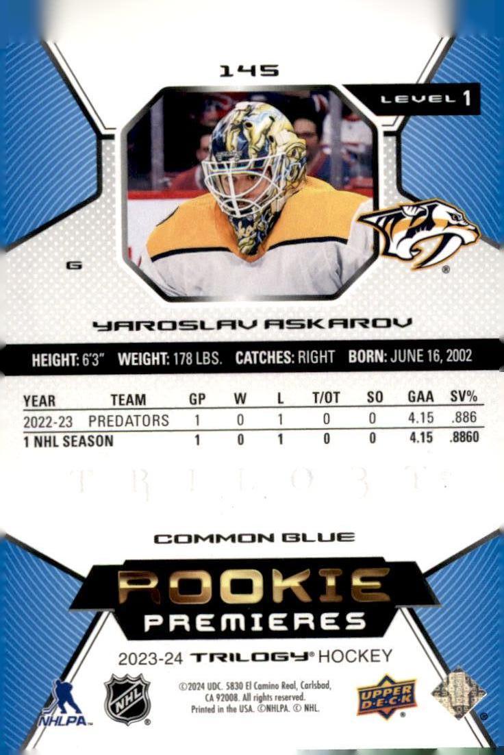 2023-24 Upper Deck Trilogy #145 Yaroslav Askarov Blue #/99