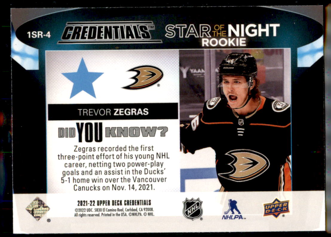2021-22 Upper Deck Credentials #1SR-4 Trevor Zegras Star of the Night