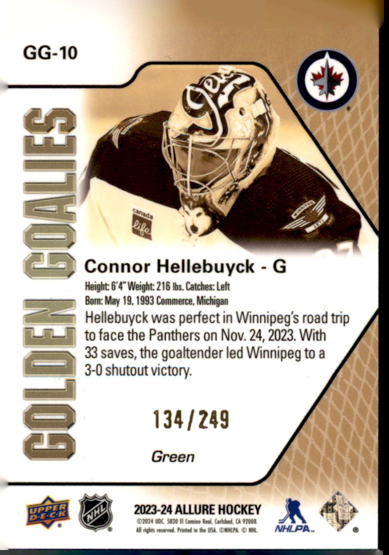 2023-24 Upper Deck Allure #GG-10 Connor Hellebuyck Golden Goalies Green #/249