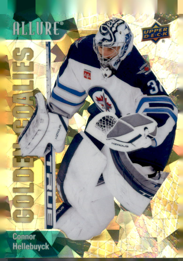 2023-24 Upper Deck Allure #GG-10 Connor Hellebuyck Golden Goalies Green #/249