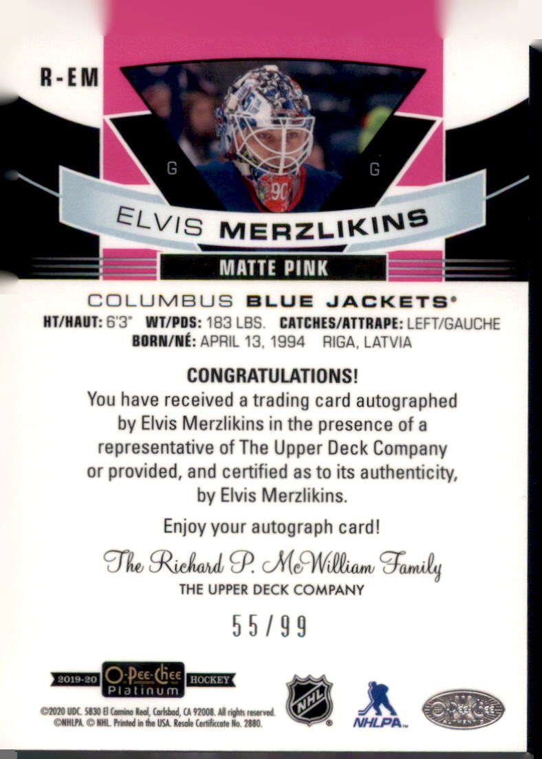 2019-20 O-Pee-Chee Platinum #R-EM Elvis Merzlikins Rookie-Autos-Matte-Pink #/99