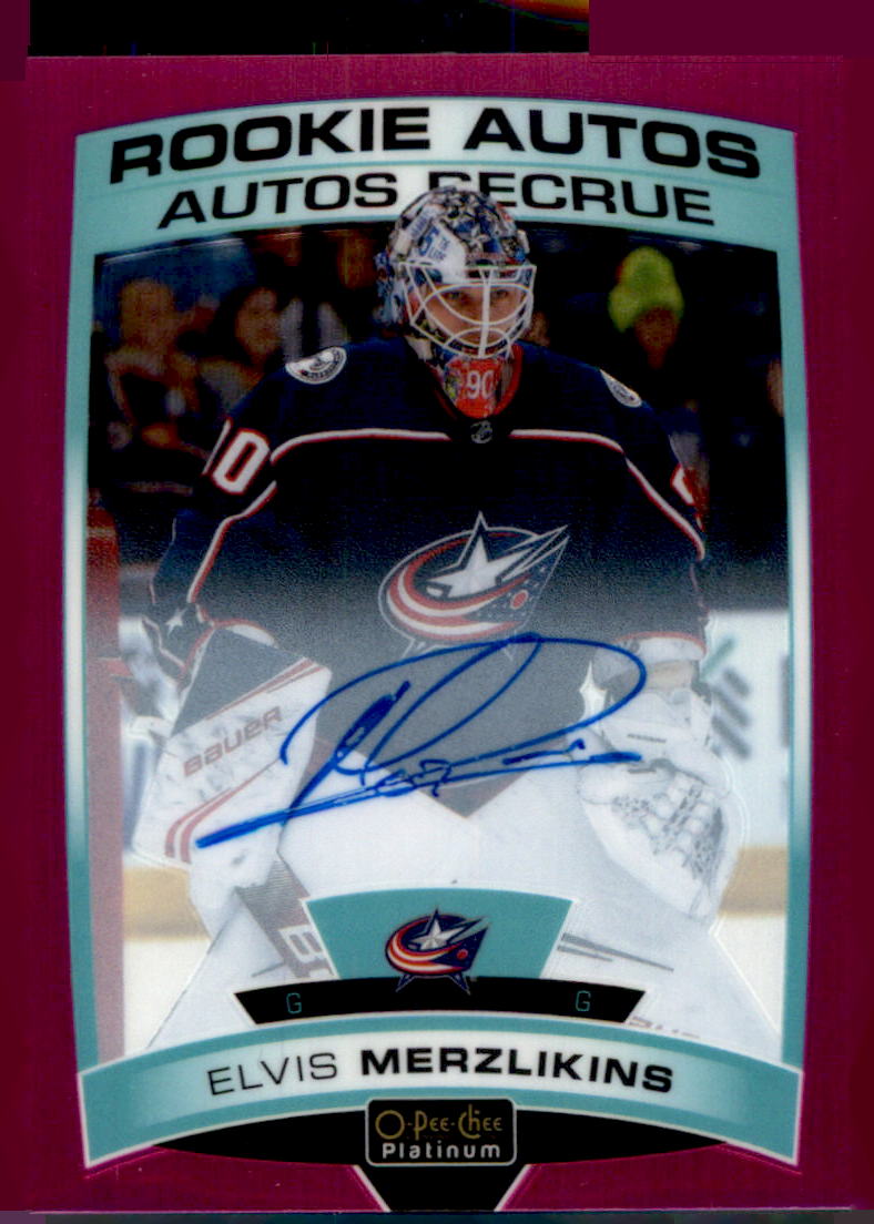 2019-20 O-Pee-Chee Platinum #R-EM Elvis Merzlikins Rookie-Autos-Matte-Pink #/99