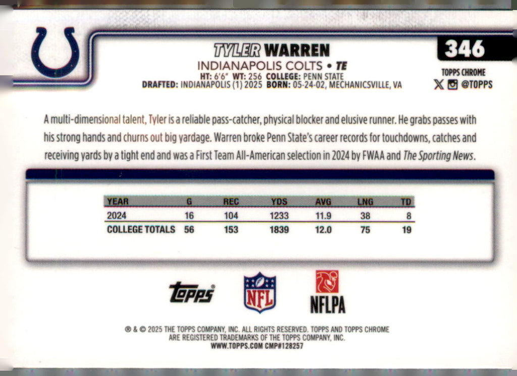 2025 Topps Chrome #346 Tyler Warren Pulsar Refractor