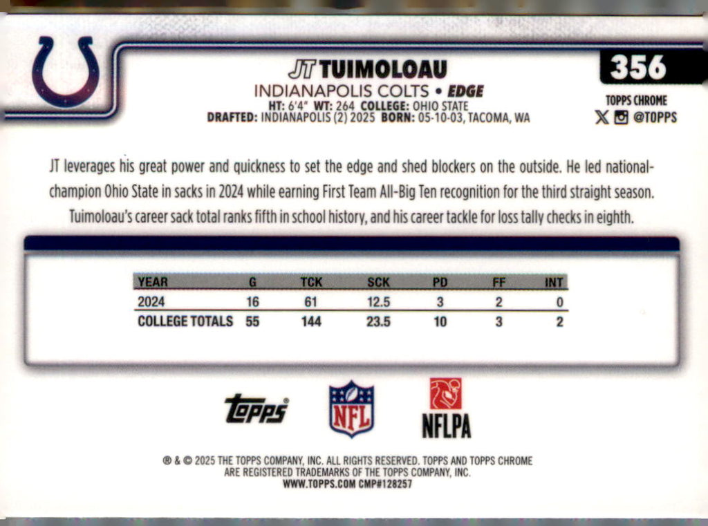 2025 Topps Chrome #356 JT Tuimoloau Ray Wave Refractor