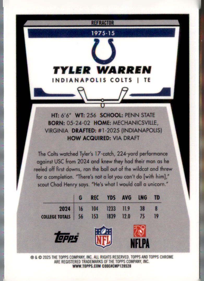 2025 Topps Chrome #1975-15 Tyler Warren 1975 Topps Refractor