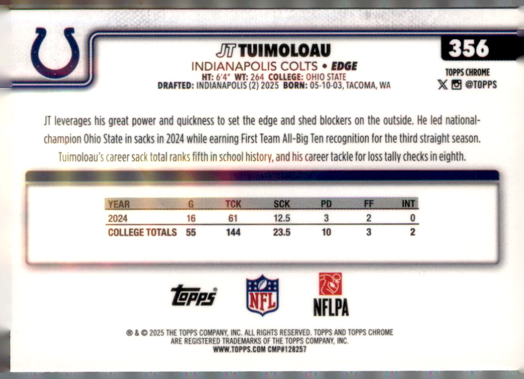 2025 Topps Chrome #356 JT Tuimoloau Pulsar Refractor