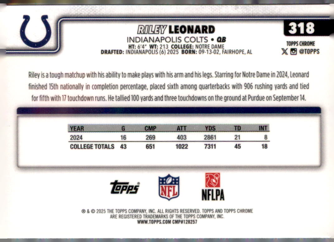 2025 Topps Chrome #318 Riley Leonard