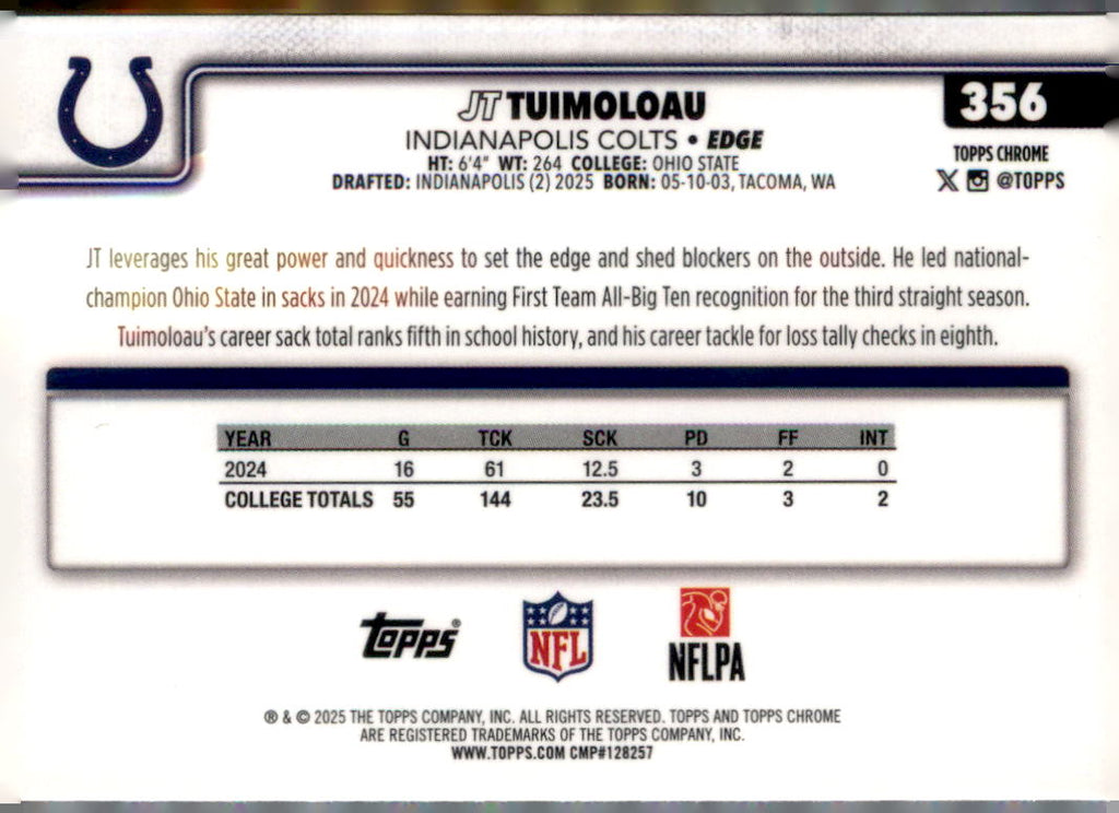 2025 Topps Chrome #356 JT Tuimoloau