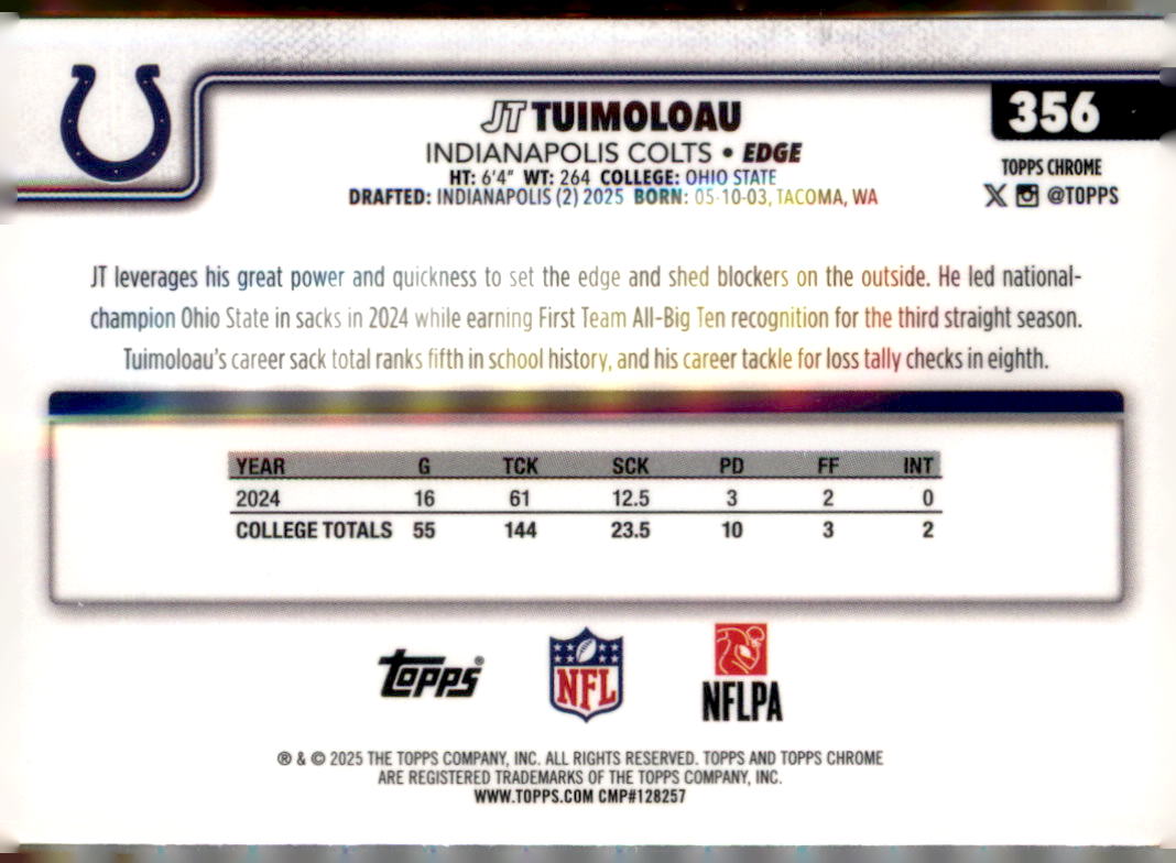 2025 Topps Chrome #356 JT Tuimoloau