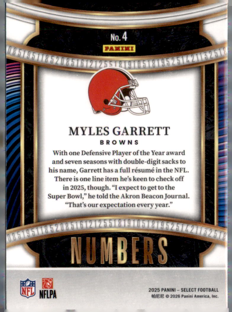 2025 Panini Select #4 Myles Garrett Select Numbers