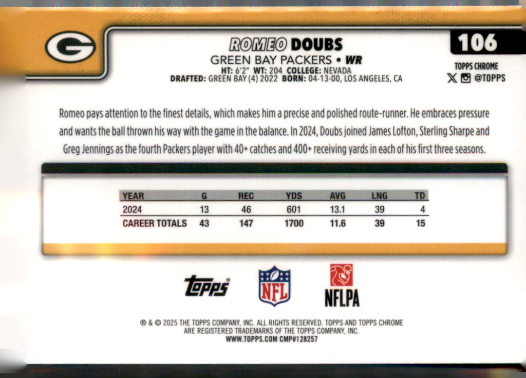 2025 Topps Chrome #106 Romeo Doubs Topps Refractor