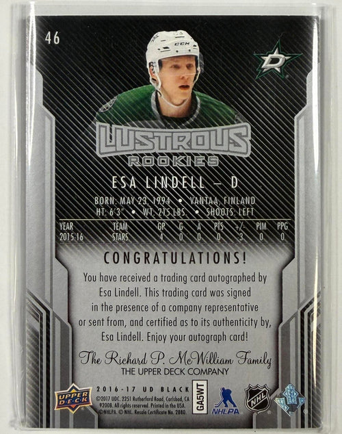 2016-17 Upper Deck Black #46 Esa Lindell Lustrous Rookies Signatures #/299
