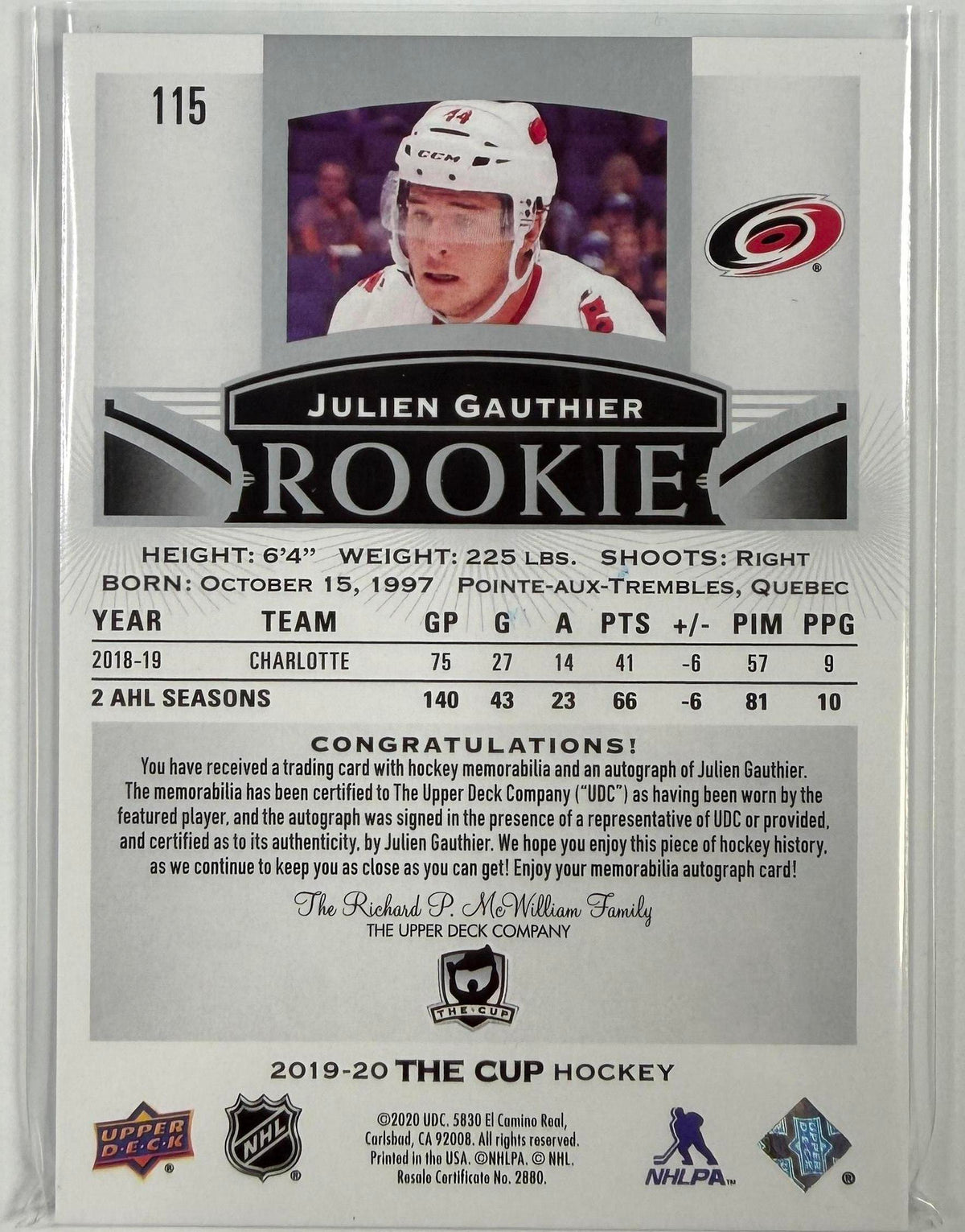 2019-20 Upper Deck The Cup #115 Julien Gauthier #/249