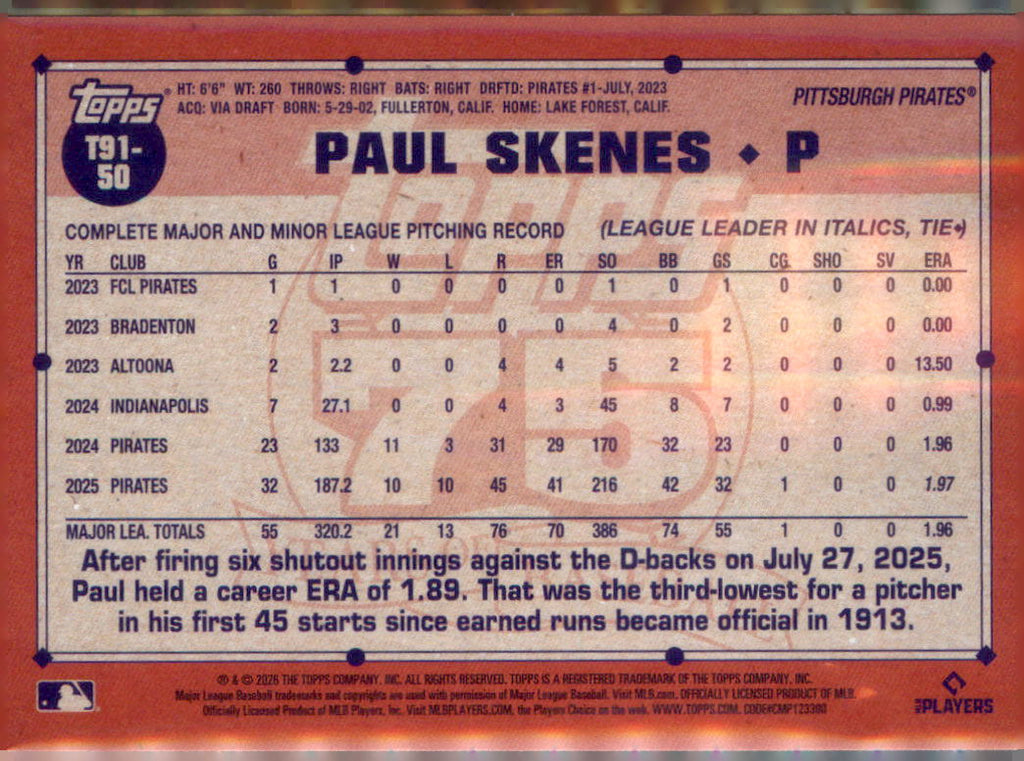 2026 Topps #T91-50 Paul Skenes 1991 Topps Baseball 35th Anniversary (Series One)