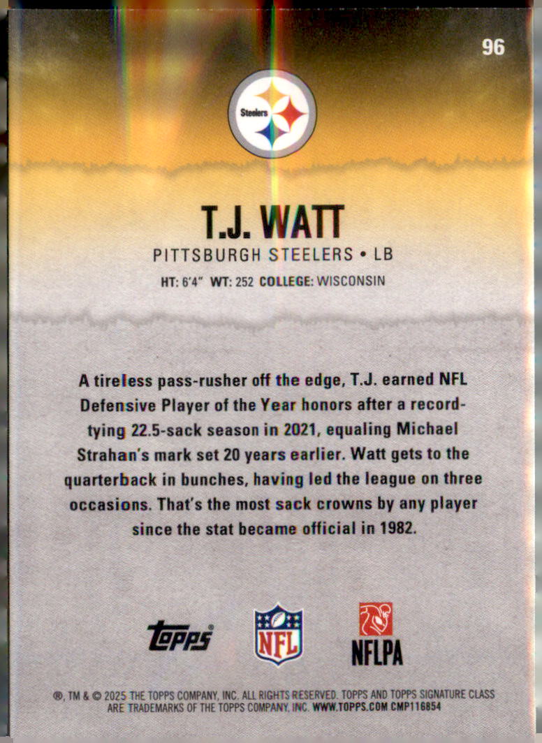 2025 Topps Signature Class #96 T.J. Watt Blue & Yellow