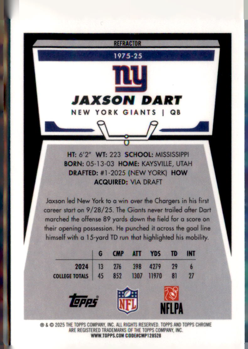 2025 Topps Chrome #1975-25 Jaxson Dart 1975 Topps Refractor