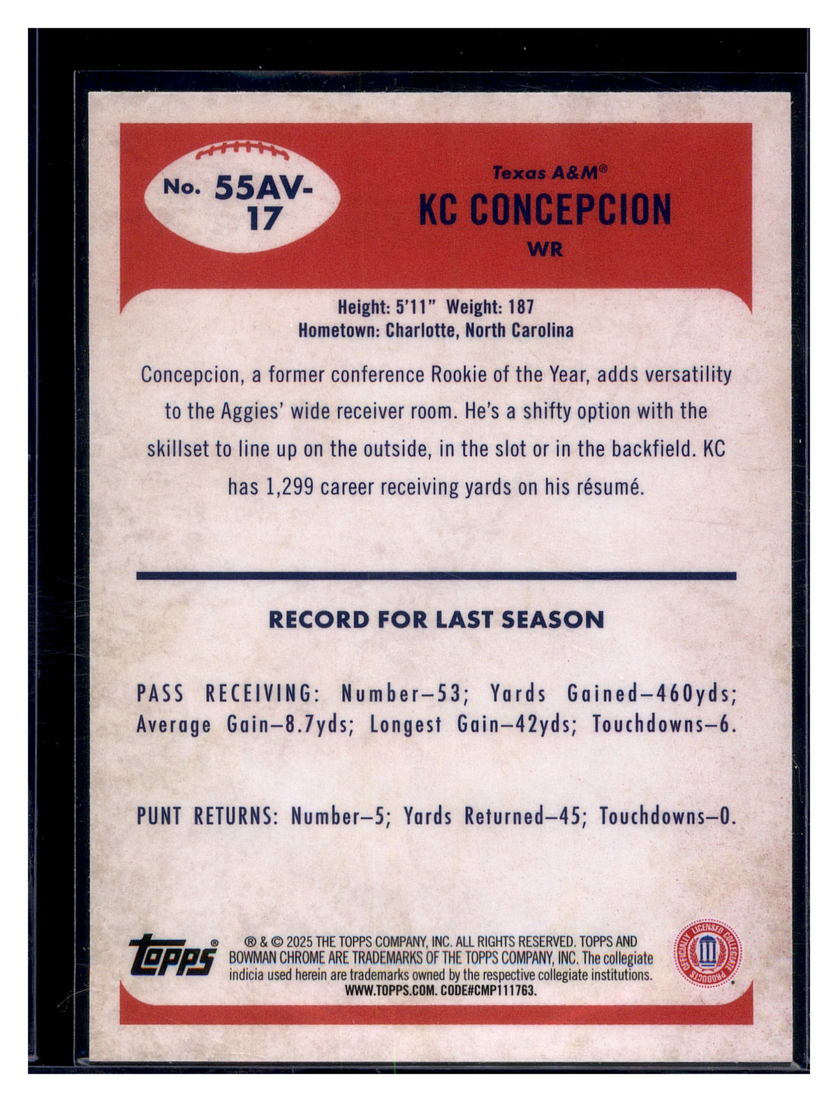2025 Bowman University Chrome #55AV-17 Kevin Concepcion 1955 Bowman Football