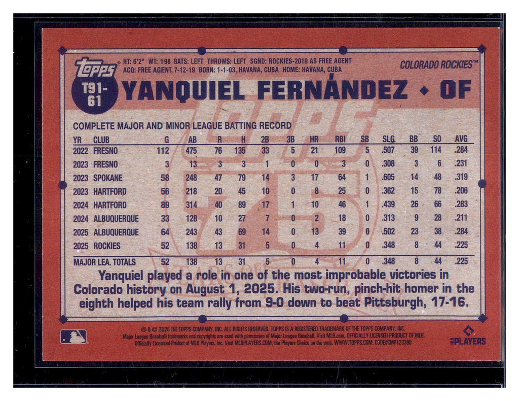 2026 Topps Yanquiel Fernandez 1991 Topps Baseball 35th Anniversary (Series One)