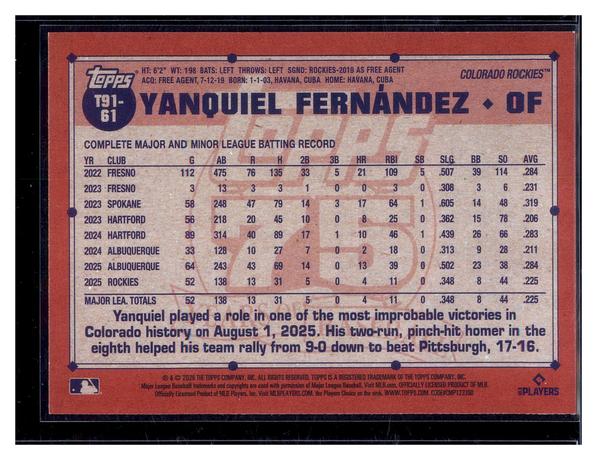 2026 Topps Yanquiel Fernandez 1991 Topps Baseball 35th Anniversary (Series One)
