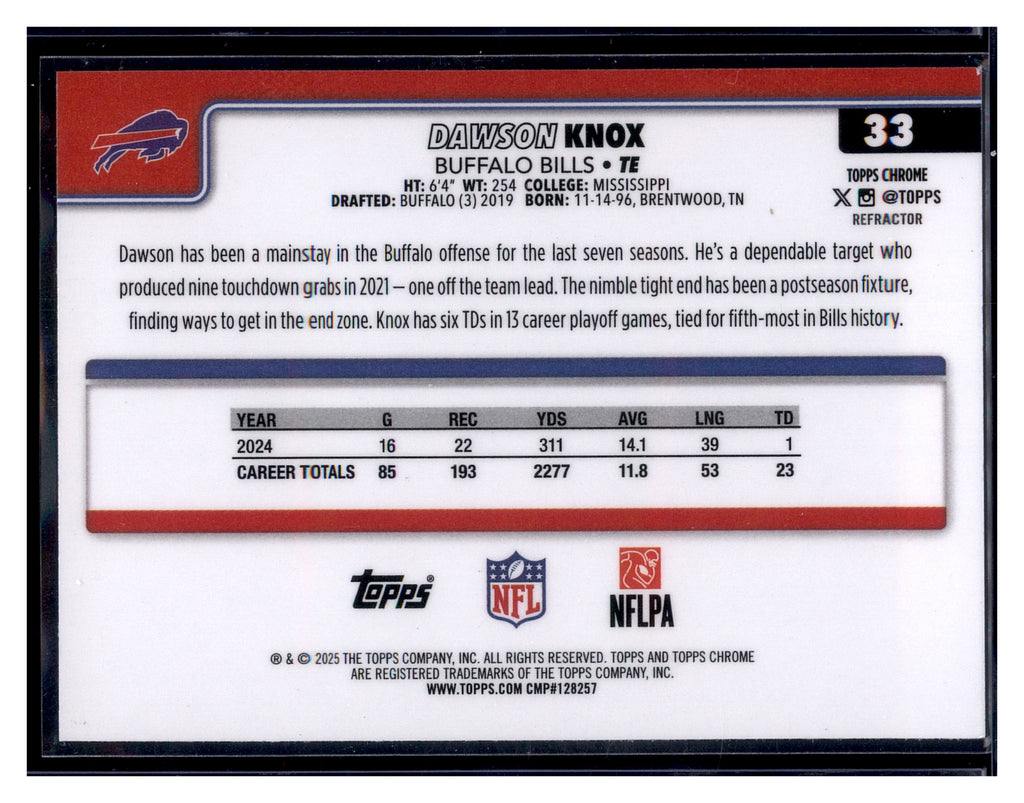 2025 Topps Chrome #33 Dawson Knox Refractor