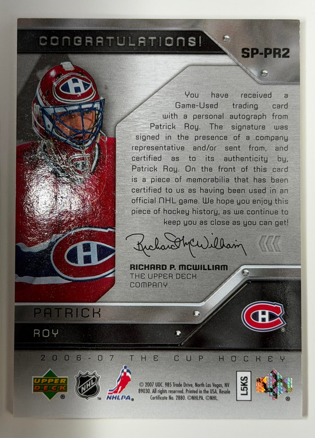 2006-07 Upper Deck The Cup #SP-PR2 Patrick Roy Signature Patches #/75