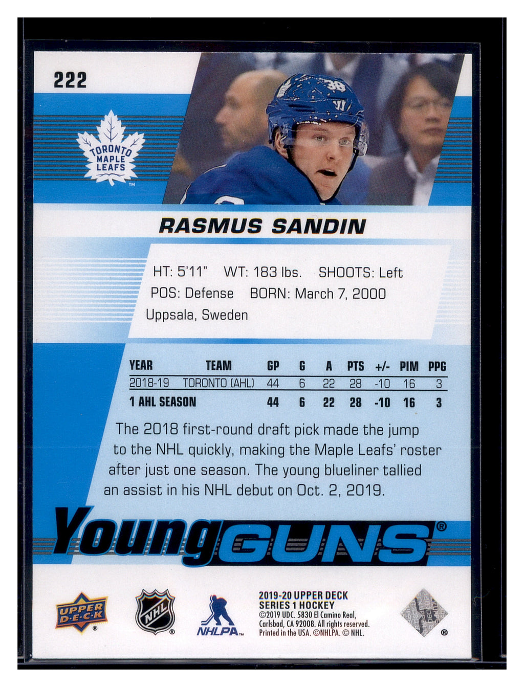 2019-20 Upper Deck #222 Rasmus Sandin