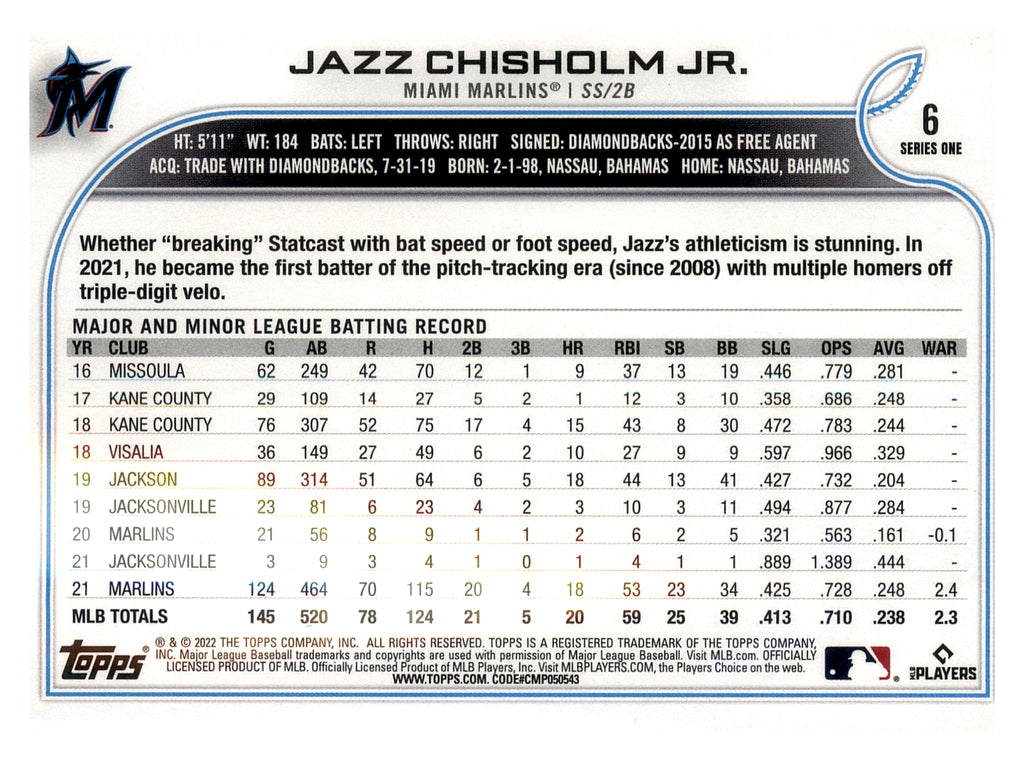 2022 Topps #6 Jazz Chisholm Jr.