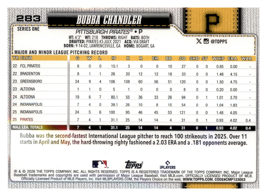 2026 Topps #283 Bubba Chandler