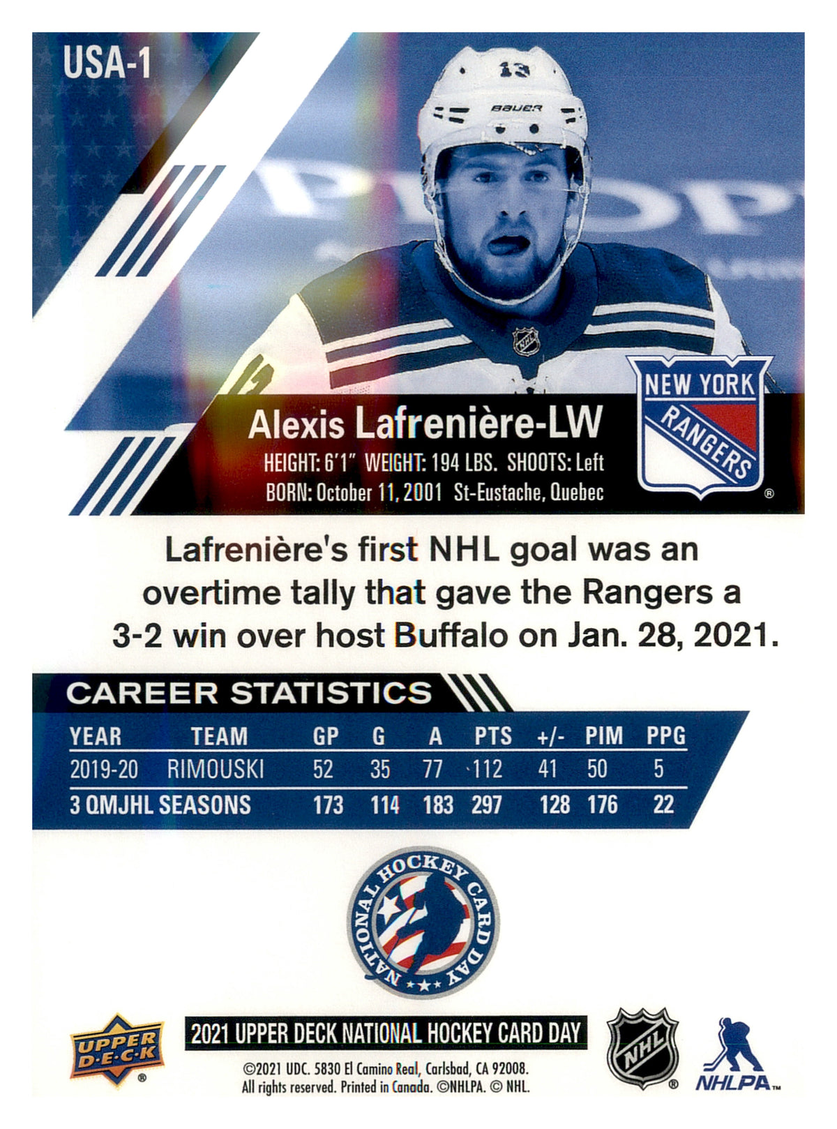 2021 Upper Deck National Hockey Card Day USA #USA-1 Alexis Lafreniere