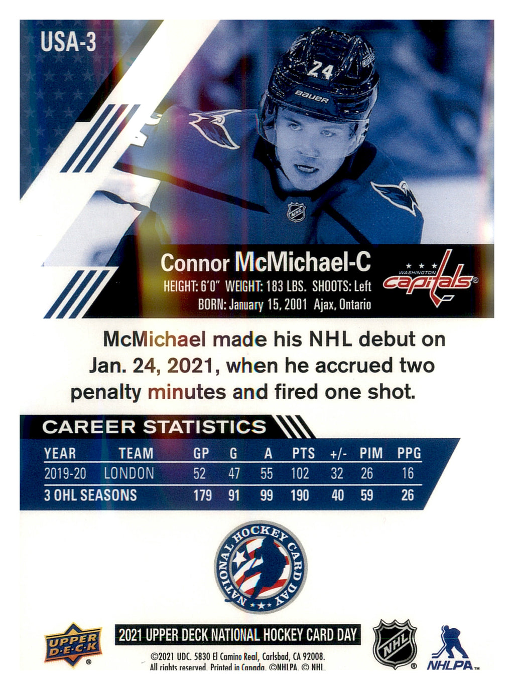 2021 Upper Deck National Hockey Card Day USA #USA-3 Connor McMichael