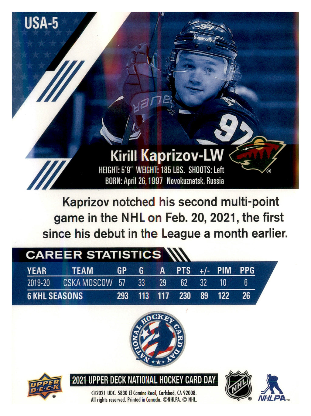 2021 Upper Deck National Hockey Card Day USA #USA-5 Kirill Kaprizov