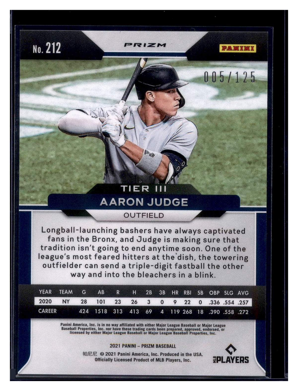 2021 Panini Prizm #212 Aaron Judge Lime Green Prizm #/125