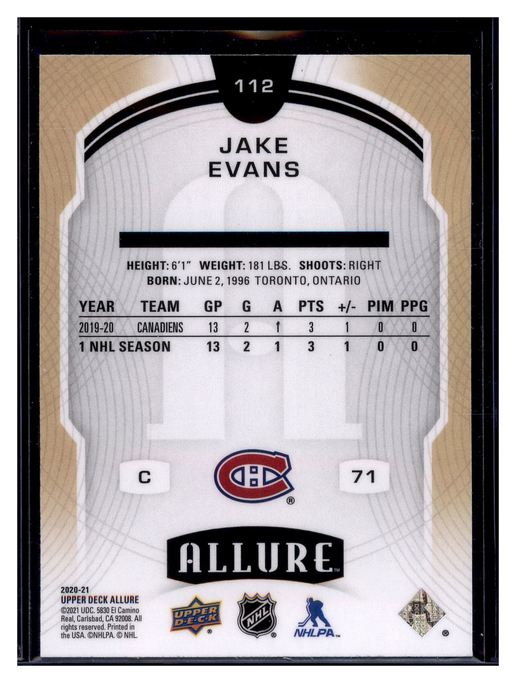 2020-21 Upper Deck Allure #112 Jake Evans