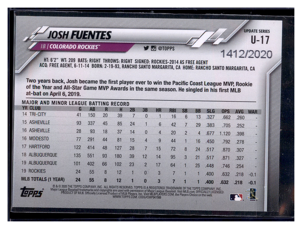 2020 Topps Update #U-17 Josh Fuentes Gold #/2020