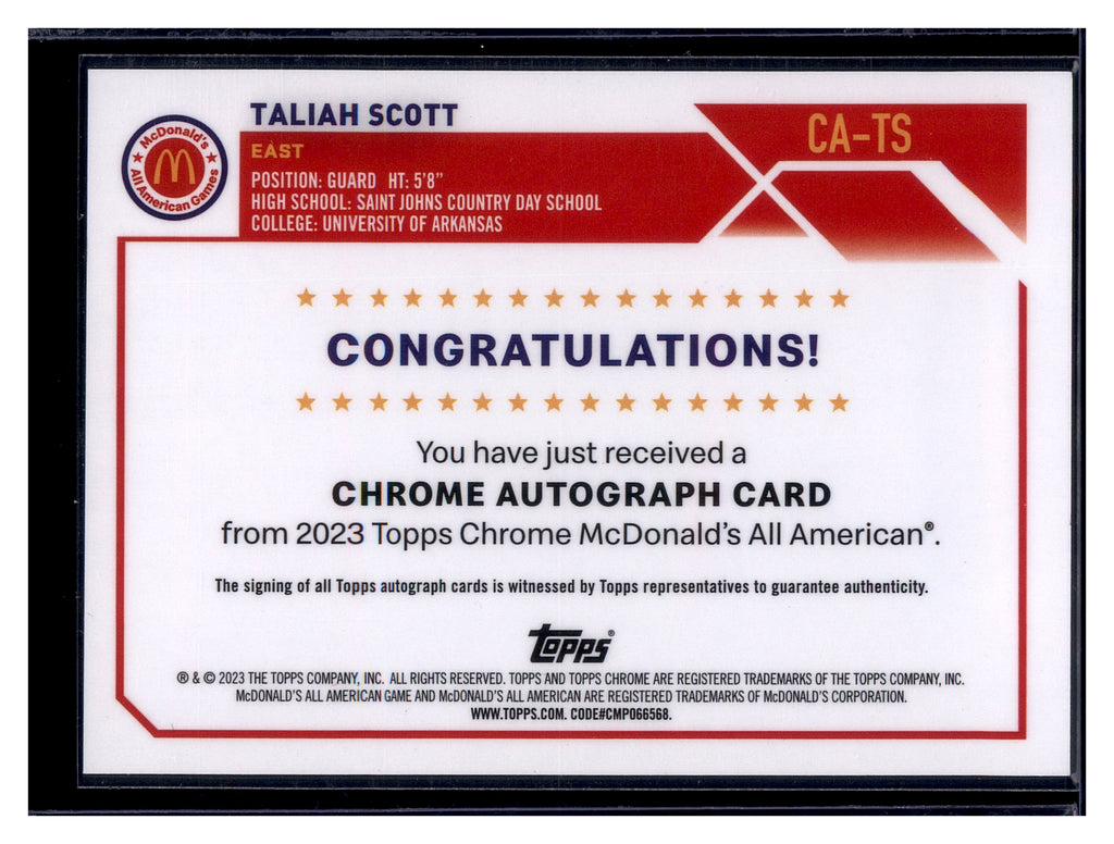 2023 Topps Chrome McDonald's All American #CA-TS Taliah Scott Chrome Autographs