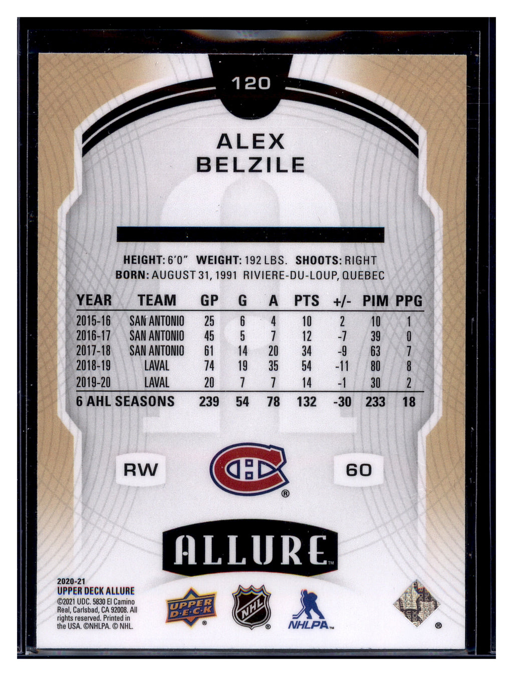 2020-21 Upper Deck Allure #120 Alex Belzile