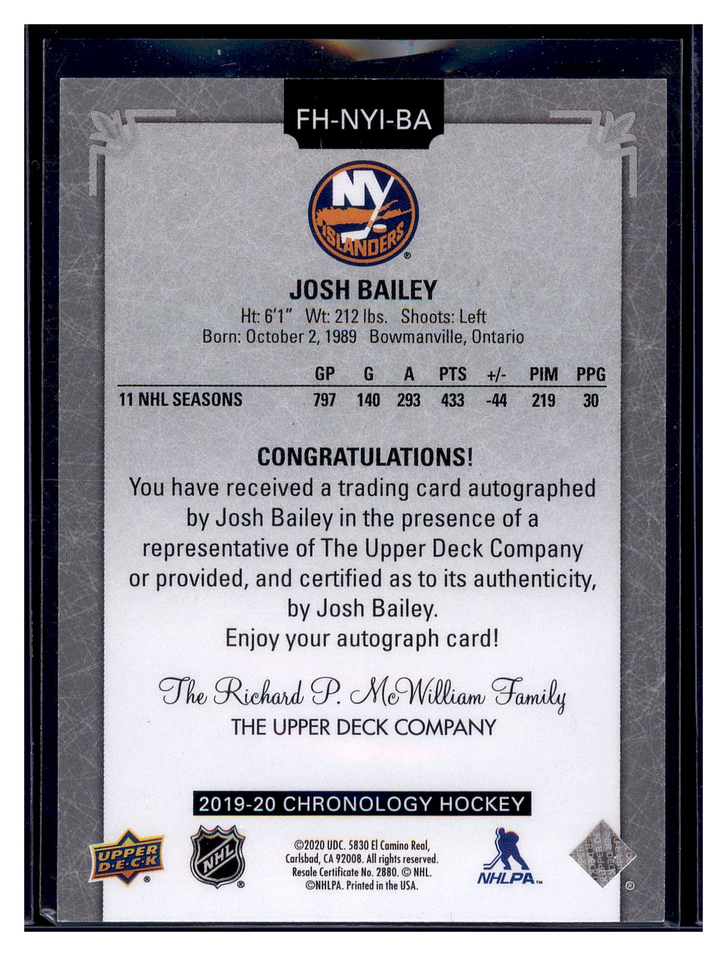 2019-20 Upper Deck Chronology #FH-NYI-BA Josh Bailey Autographs