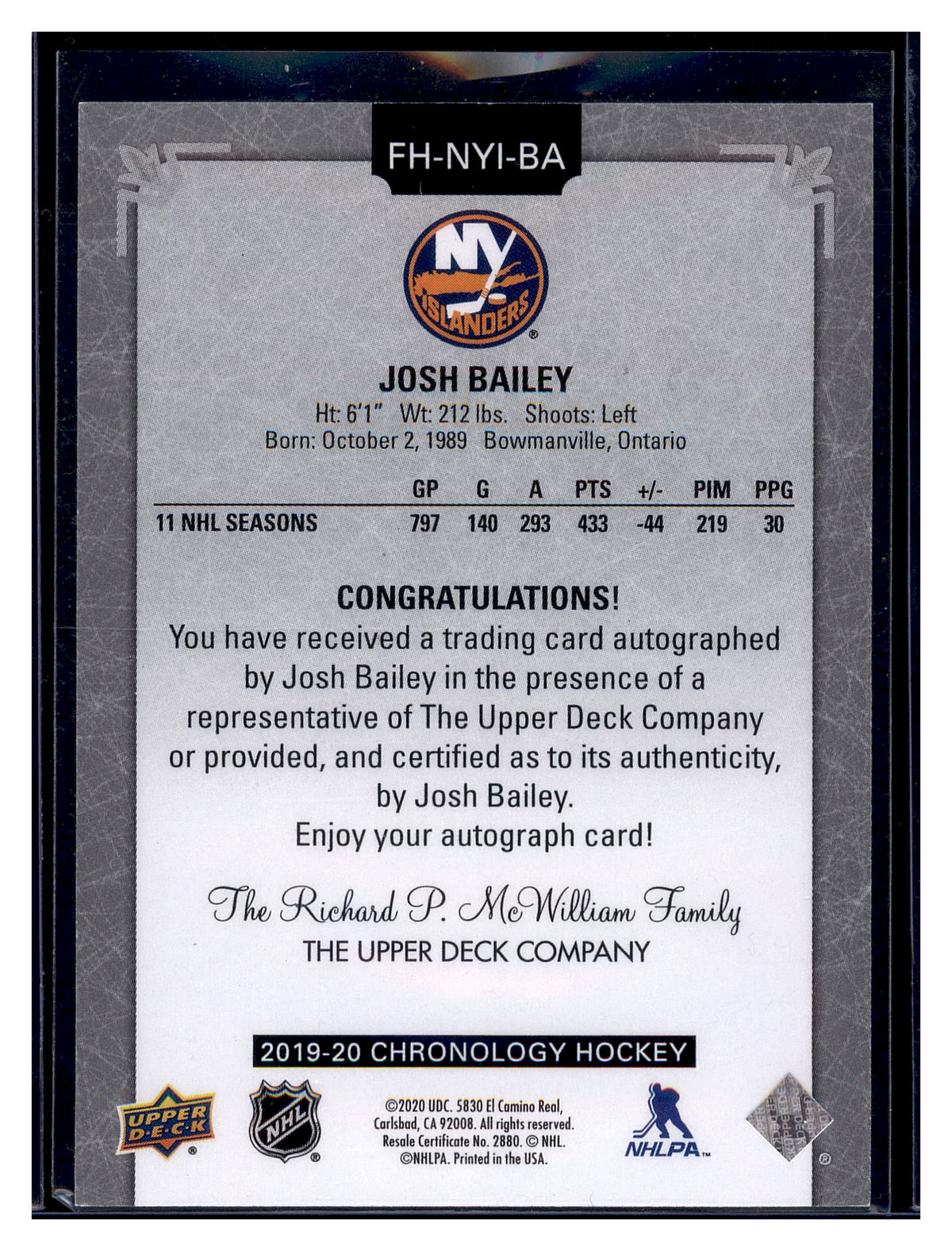 2019-20 Upper Deck Chronology #FH-NYI-BA Josh Bailey Autographs