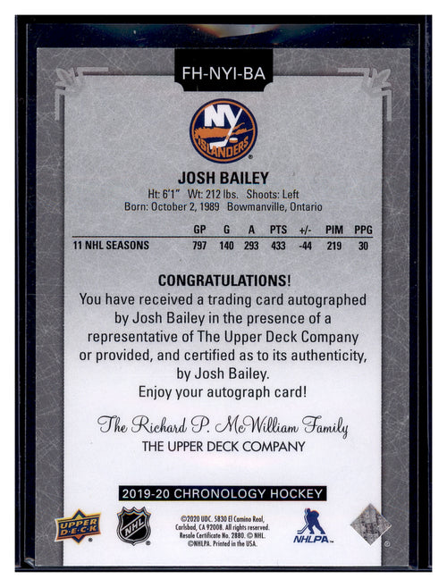 2019-20 Upper Deck Chronology #FH-NYI-BA Josh Bailey Autographs
