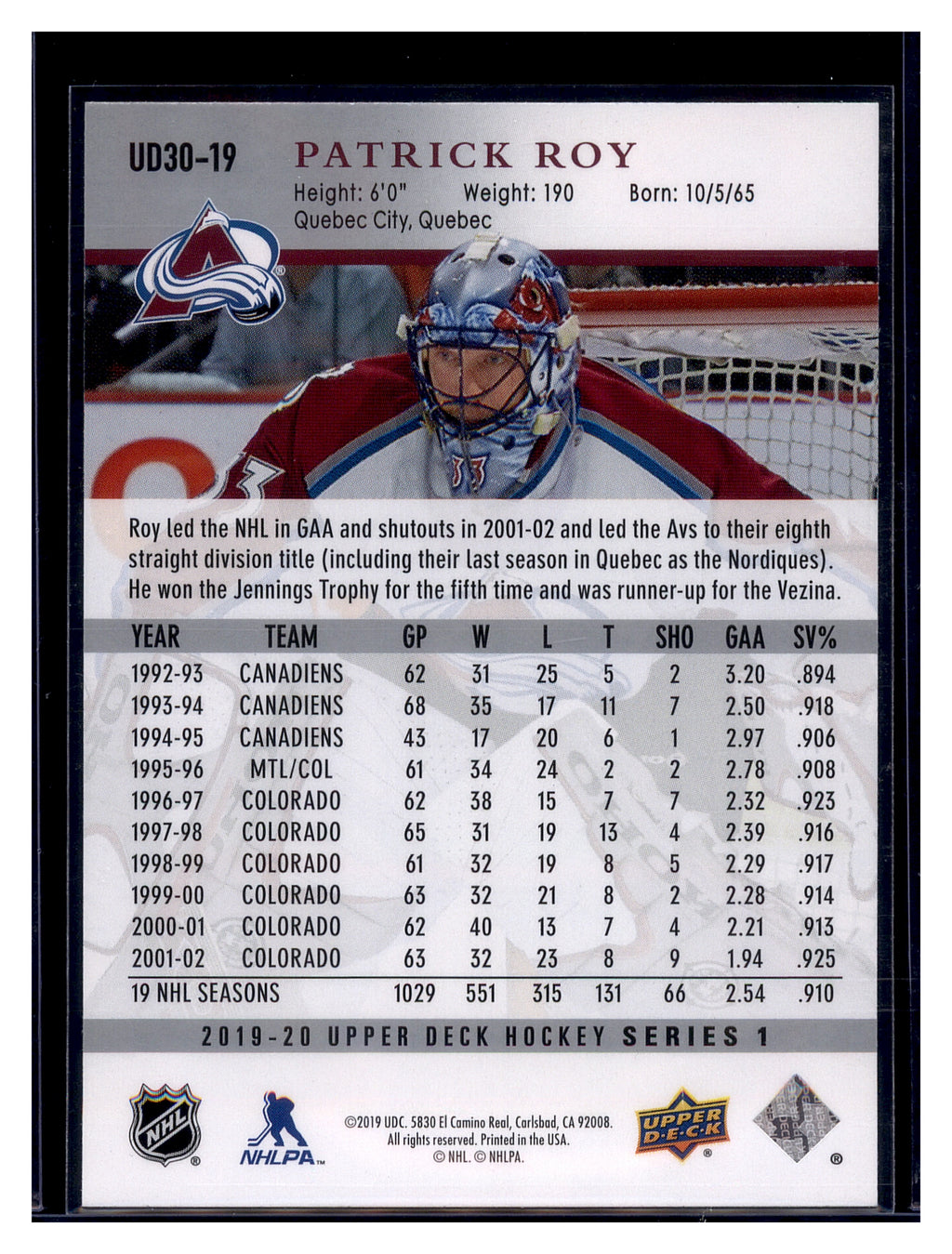 2019-20 Upper Deck #UD30-19 Patrick Roy 30 Years of Upper Deck