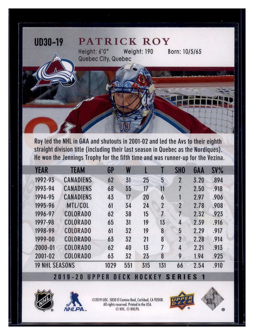 2019-20 Upper Deck #UD30-19 Patrick Roy 30 Years of Upper Deck