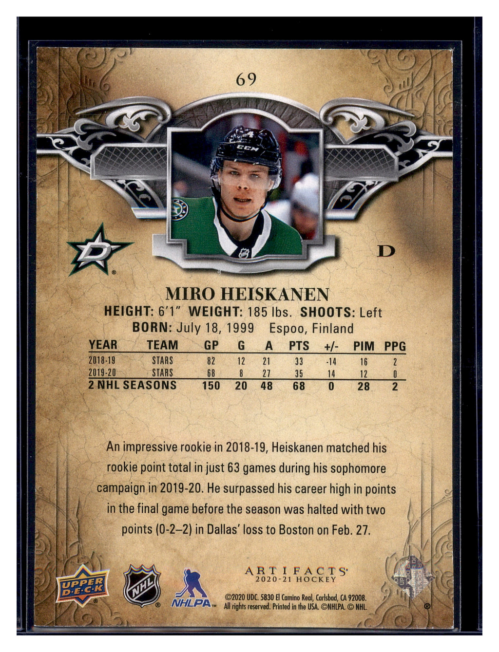 2020-21 Upper Deck Artifacts #69 Miro Heiskanen Blue Sapphire #/499